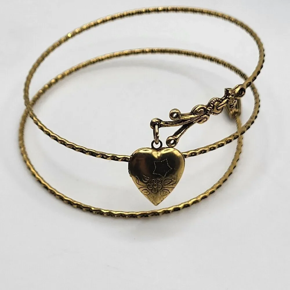 Gold Tone Wrap Bracelet Heart Locket 2.5in dia adjustable
